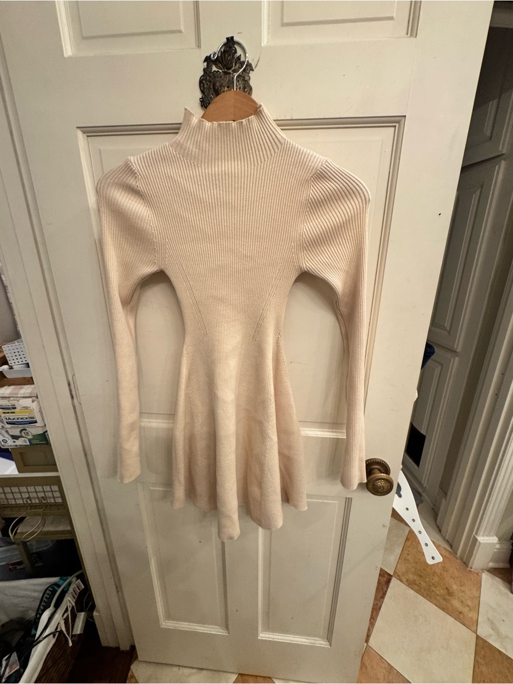 American Threads Cream Ribbed Long-Sleeve Mini Dress